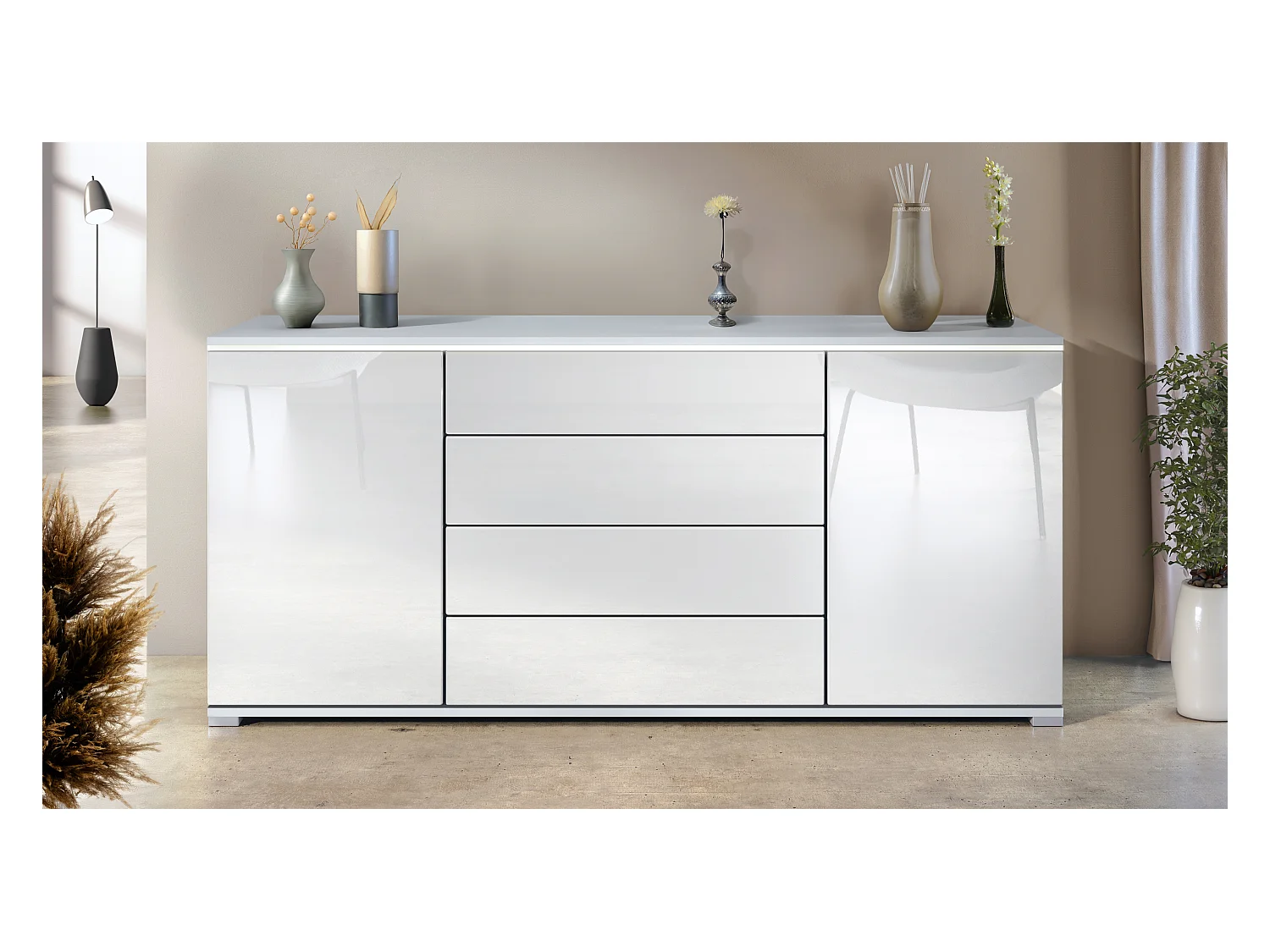 Buffet Faro V2 – Meuble avec 2 Portes & 4 Tiroirs, Armoire avec Bande LED Lumineuse, blanc mat / blanc haute brillance (166,5 x 75,5 x 35)