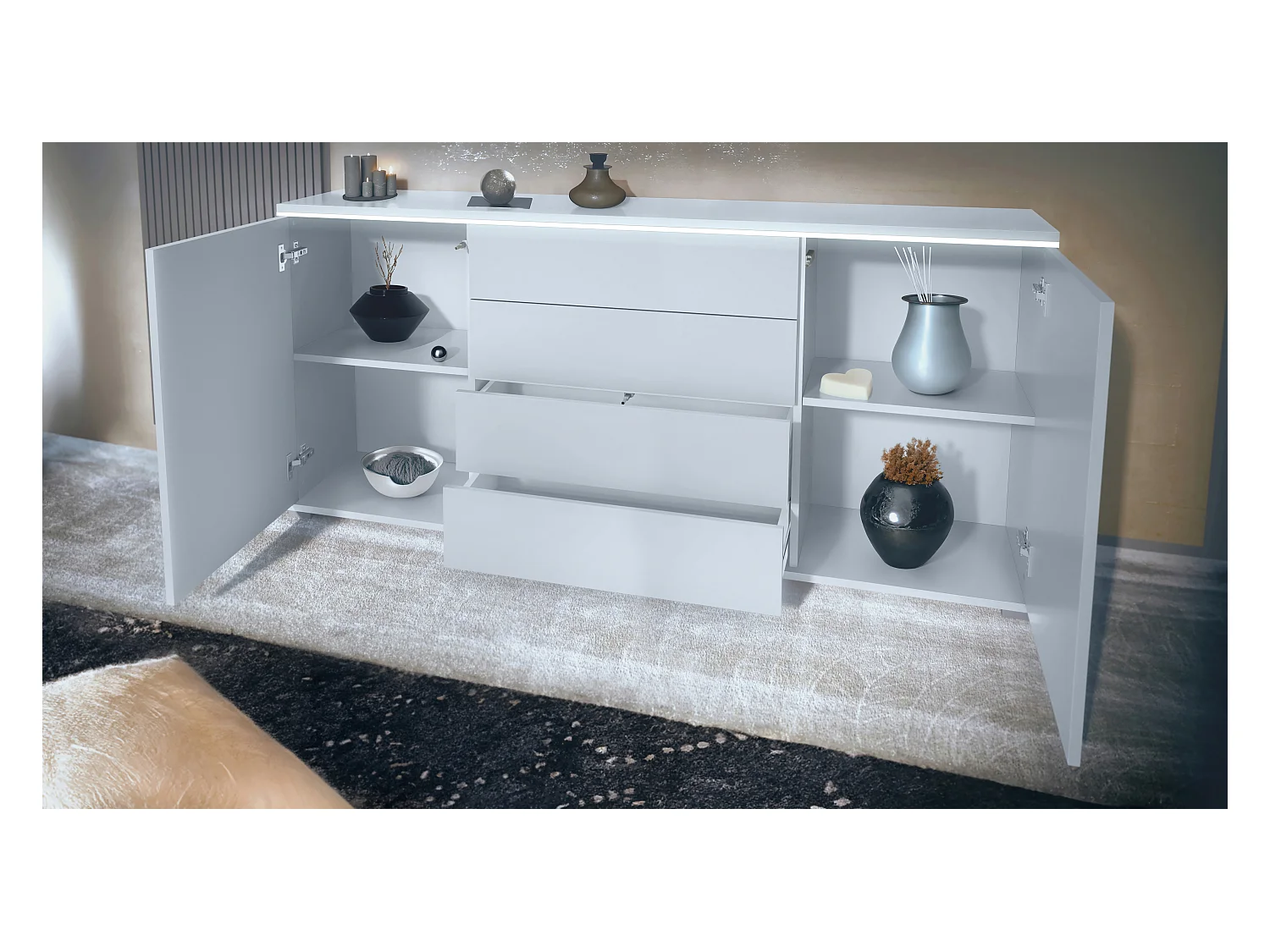 Buffet Faro V2 – Meuble avec 2 Portes & 4 Tiroirs, Armoire avec Bande LED Lumineuse, blanc mat / blanc haute brillance (166,5 x 75,5 x 35)