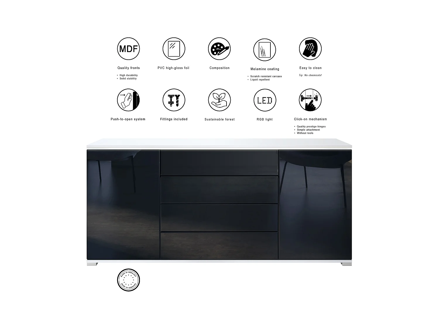 Buffet Faro V2 – Meuble avec 2 Portes & 4 Tiroirs, Armoire avec Bande LED Lumineuse, blanc mat / blanc haute brillance (166,5 x 75,5 x 35)