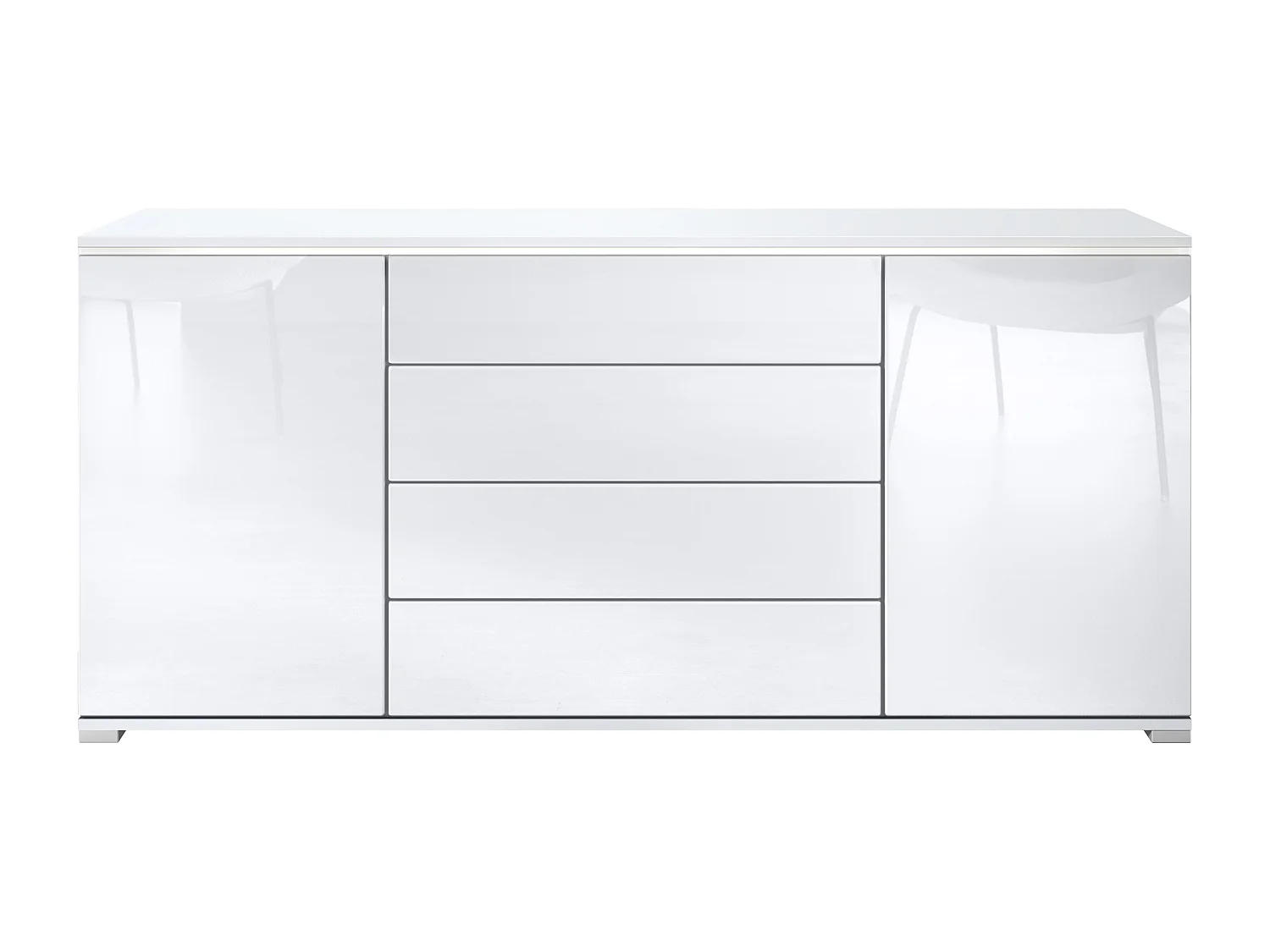 Buffet Faro V2 – Meuble avec 2 Portes & 4 Tiroirs, Armoire avec Bande LED Lumineuse, blanc mat / blanc haute brillance (166,5 x 75,5 x 35)