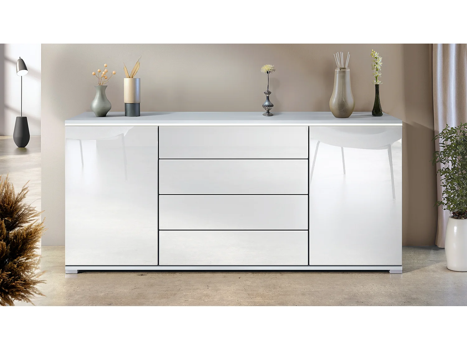 Buffet Faro V2 – Meuble avec 2 Portes & 4 Tiroirs, Armoire avec Bande LED Lumineuse, blanc mat / blanc haute brillance (166,5 x 75,5 x 35)