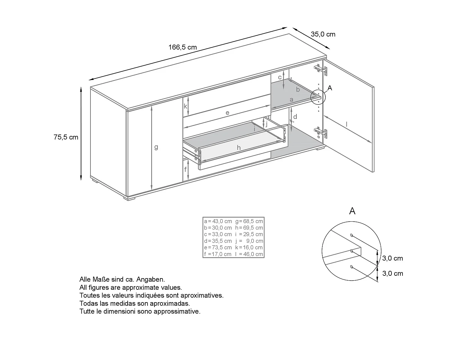 Buffet Faro V2 – Meuble avec 2 Portes & 4 Tiroirs, Armoire avec Bande LED Lumineuse, blanc mat / blanc haute brillance (166,5 x 75,5 x 35)
