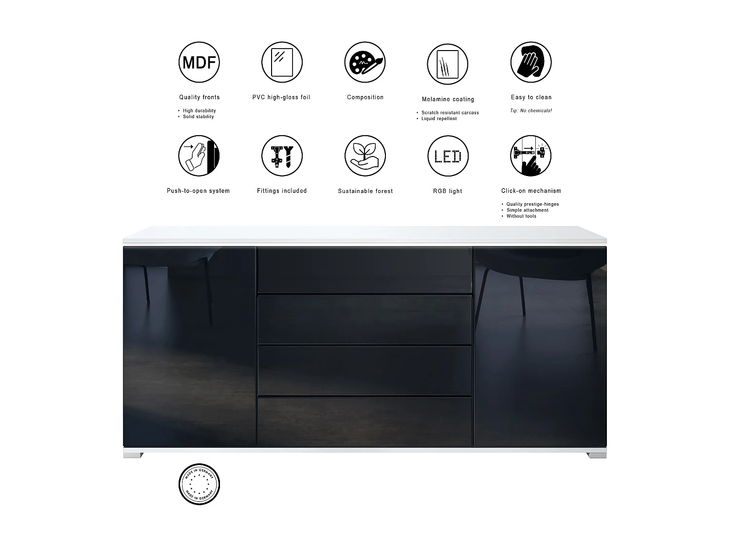 Buffet Faro V2 – Meuble avec 2 Portes & 4 Tiroirs, Armoire avec Bande LED Lumineuse, blanc mat / blanc haute brillance (166,5 x 75,5 x 35)