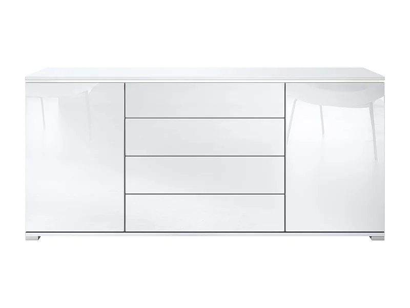 Buffet Faro V2 – Meuble avec 2 Portes & 4 Tiroirs, Armoire avec Bande LED Lumineuse, blanc mat / blanc haute brillance (166,5 x 75,5 x 35)