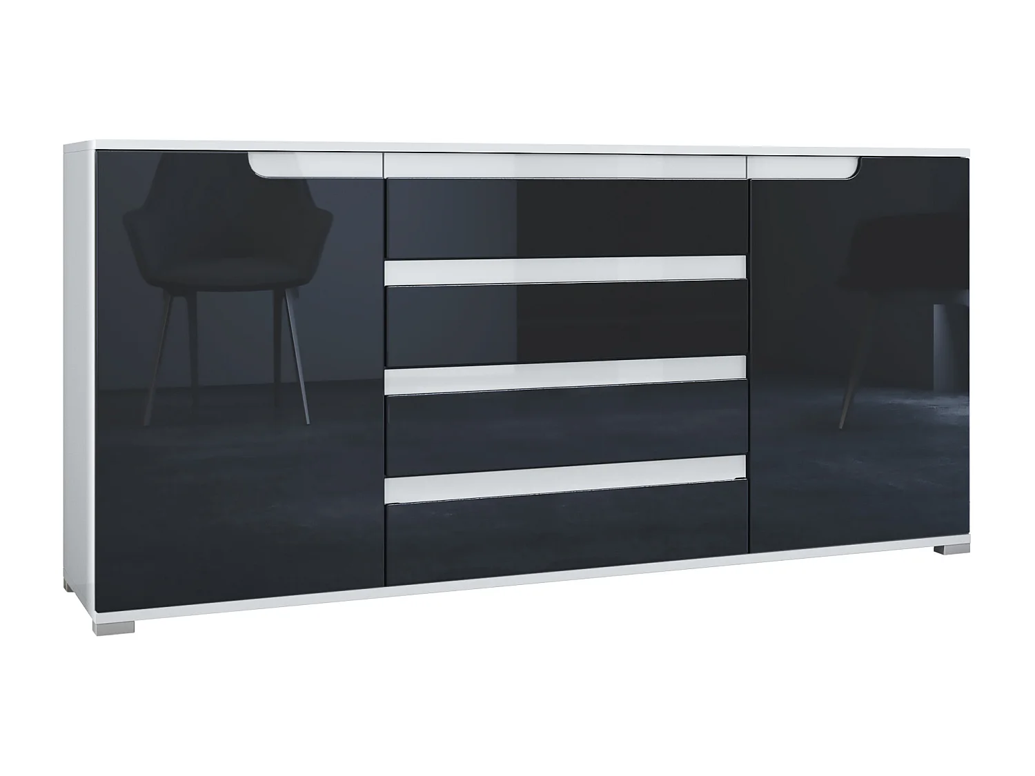 Buffet Sylt V2, Commode avec 2 Portes et 4 Tiroirs, Corps - blanc mat / Façade - noir haute brillance / Détails - blanc haute brillance (166,5 x 75,5 x 35 cm)