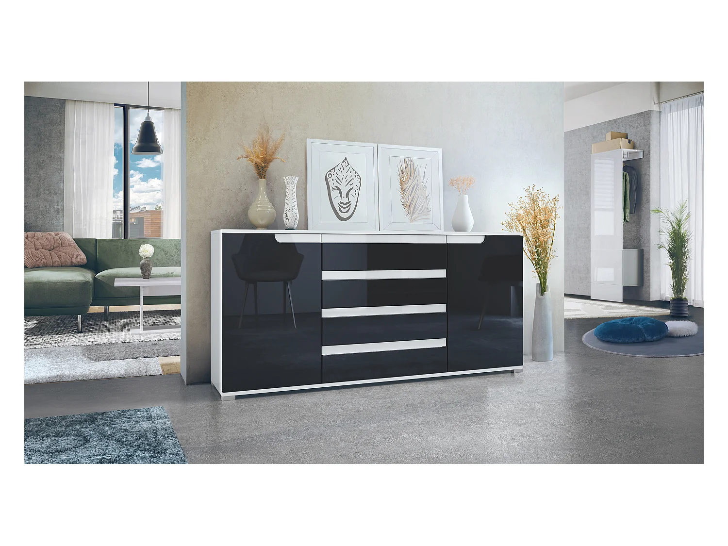Buffet Sylt V2, Commode avec 2 Portes et 4 Tiroirs, Corps - blanc mat / Façade - noir haute brillance / Détails - blanc haute brillance (166,5 x 75,5 x 35 cm)