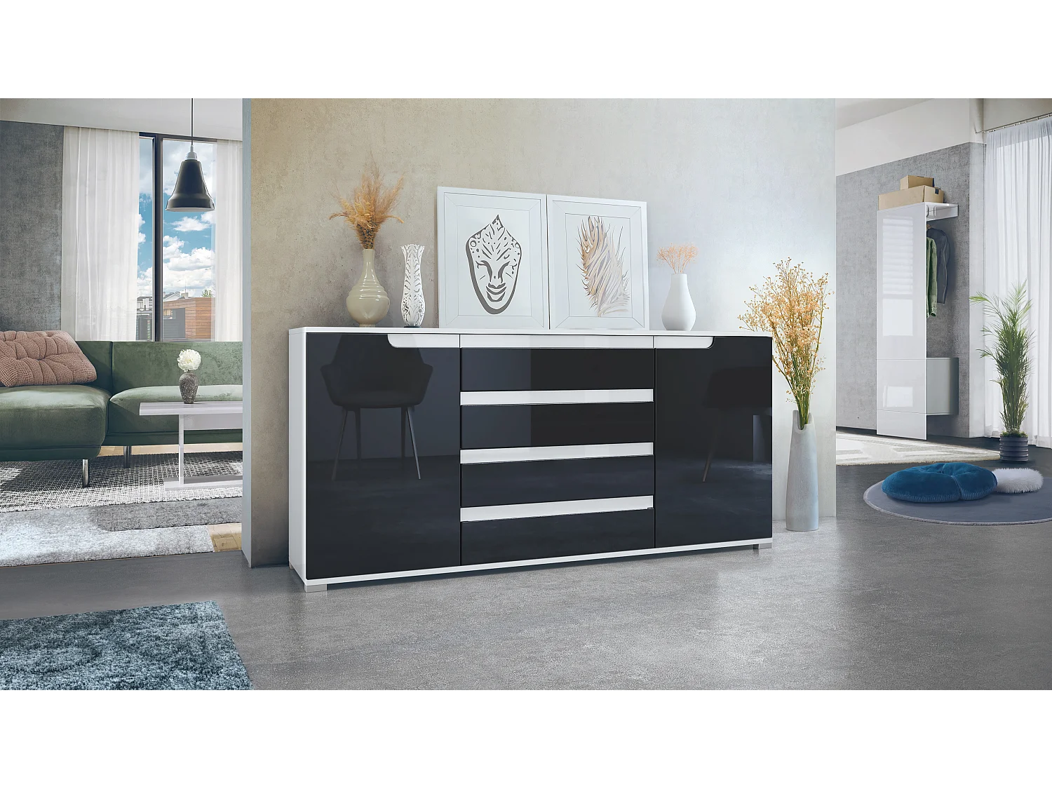 Buffet Sylt V2, Commode avec 2 Portes et 4 Tiroirs, Corps - blanc mat / Façade - noir haute brillance / Détails - blanc haute brillance (166,5 x 75,5 x 35 cm)