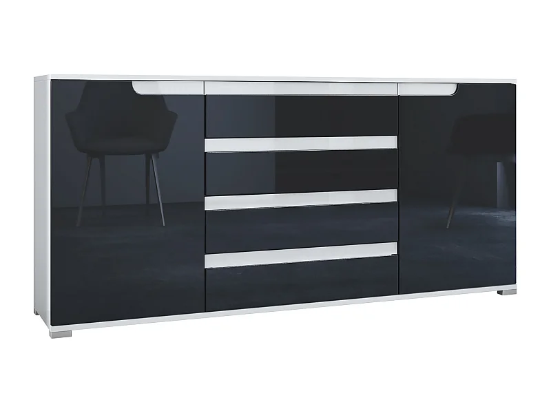 Buffet Sylt V2, Commode avec 2 Portes et 4 Tiroirs, Corps - blanc mat / Façade - noir haute brillance / Détails - blanc haute brillance (166,5 x 75,5 x 35 cm)