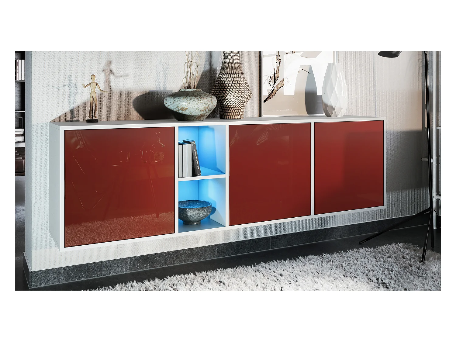 Commode Cuba - blanc mat/bordeaux haute brillance y compris LED - Buffet moderne pour votre salon - (LxHxP) 182x53x35 cm