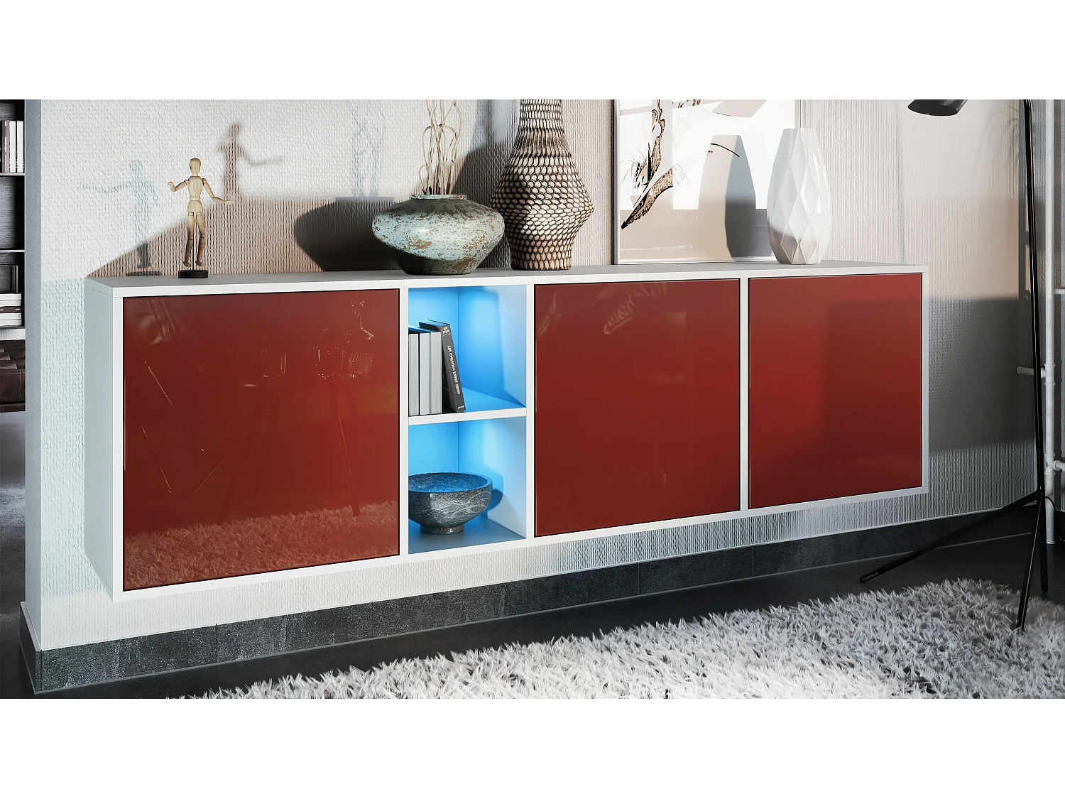 Vladon Cassettiera Cuba - bianco opaco/bordeaux lucido incl. LED - Credenza moderna per la zona giorno - (LxAxP) 182x53x35 cm