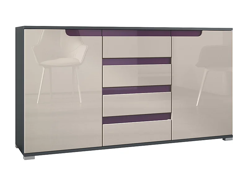 Buffet Dressoir Sylt, Corps en Noir mat / Façades en gris sable haute brillance avec un decor en mûre haute brillance (139 x 72 x 35)