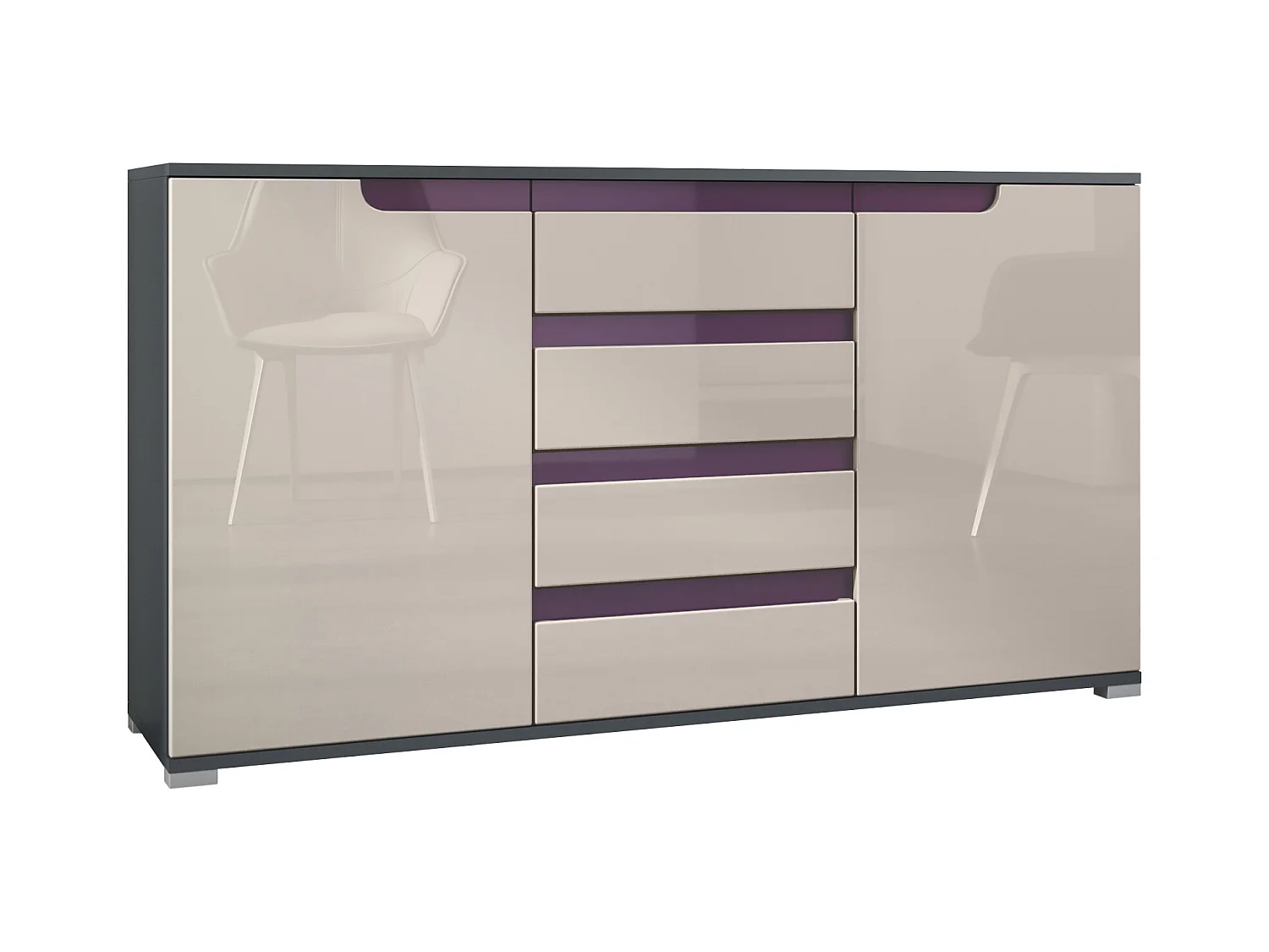 Buffet Dressoir Sylt, Corps en Noir mat / Façades en gris sable haute brillance avec un decor en mûre haute brillance (139 x 72 x 35)