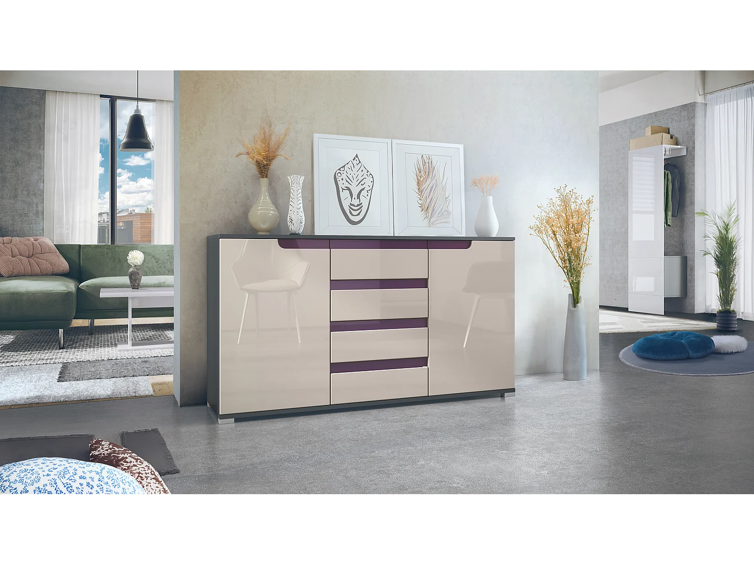 SIDEBOARD Sylt Sandgrau Hochglanz / Brombeer Hochglanz