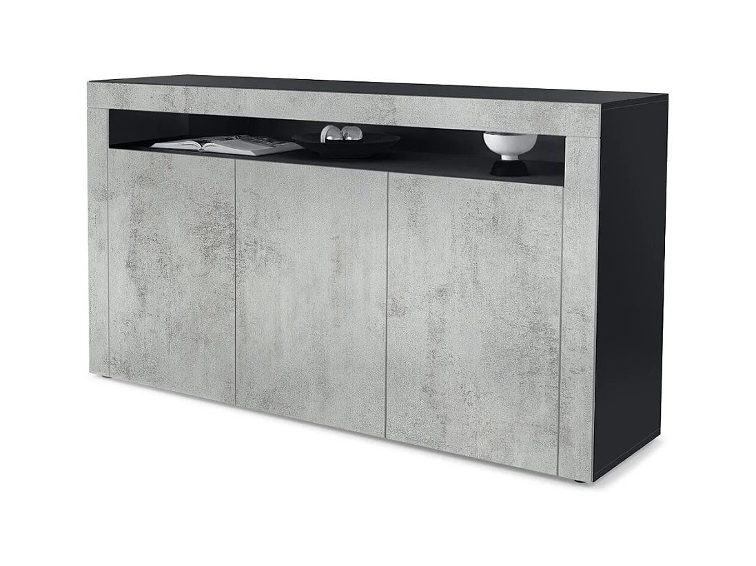 Buffet Valencia, Commode avec 3 portes et 1 compartiment ouvert, Noir mat/aspect béton oxyde/aspect béton oxyde (155 x 92 x 40 cm)
