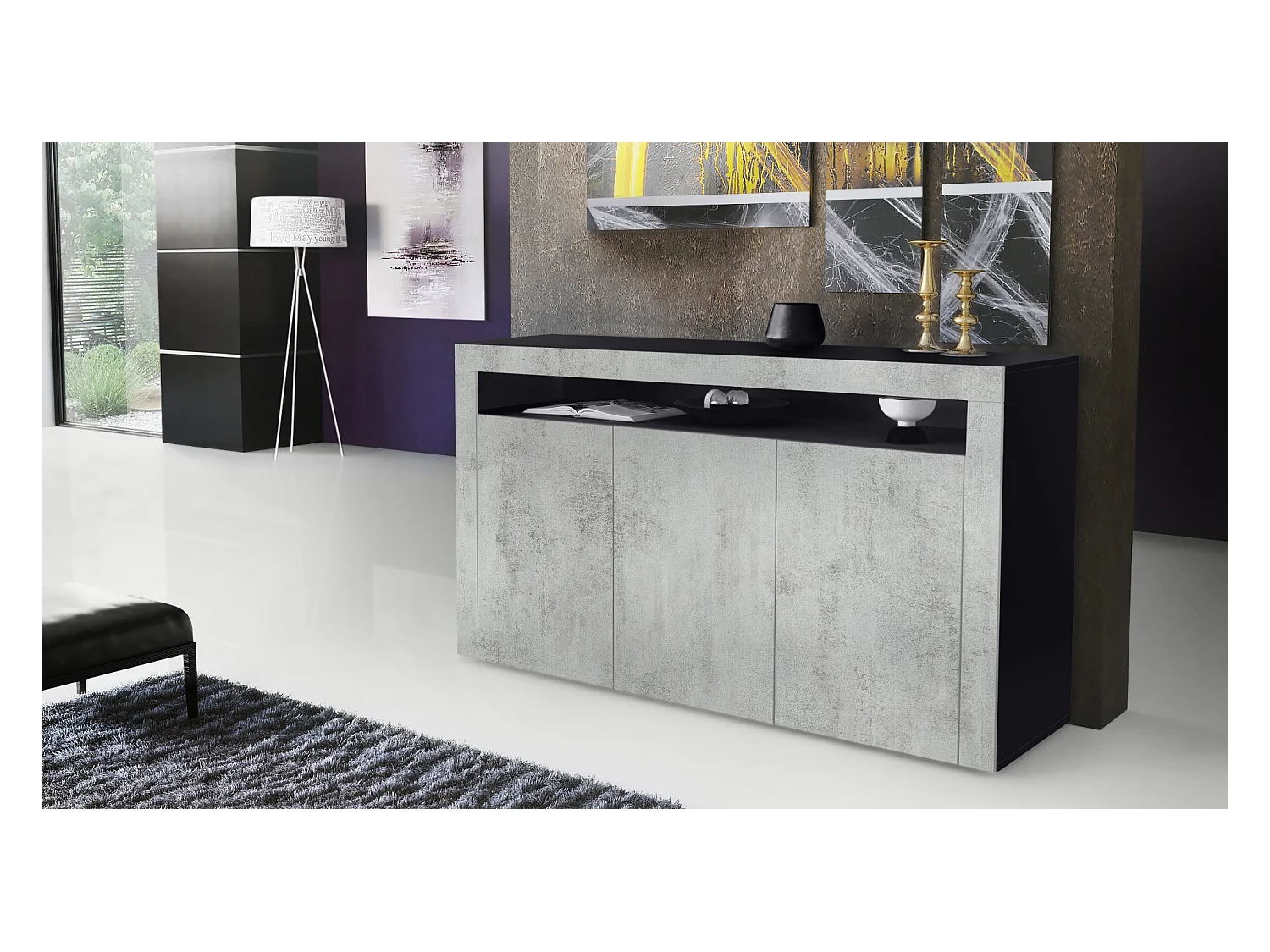 Buffet Valencia, Commode avec 3 portes et 1 compartiment ouvert, Noir mat/aspect béton oxyde/aspect béton oxyde (155 x 92 x 40 cm)