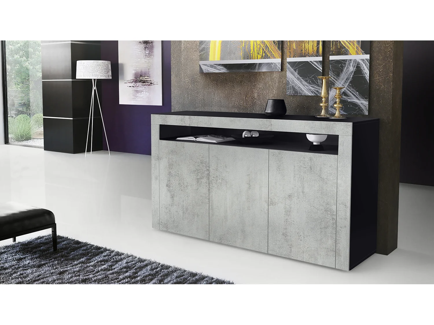 Madia  Valencia, mobile a 3 ante e 1 scomparto aperto, nero opaco/ottica cermento ossido/ottica cermento ossido (155 x 92 x 40 cm)