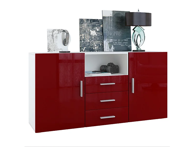 Credenza Skadu, mobile con 2 ante, 3 cassetti e 1 scomparto a giorno, bianco opaco/bordeaux lucido (138,5 x 71,5 x 35 cm)