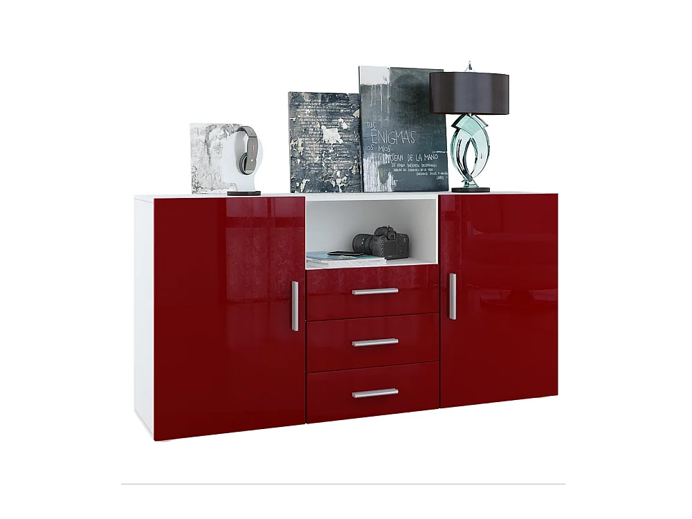 Buffet Skadu, Commode avec 2 portes, 3 tiroirs et 1 compartiment ouvert, blanc mat/bordeaux haute brillance (138,5 x 71,5 x 35 cm)