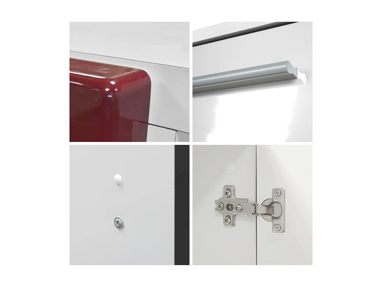 Buffet Skadu, Commode avec 2 portes, 3 tiroirs et 1 compartiment ouvert, blanc mat/bordeaux haute brillance (138,5 x 71,5 x 35 cm)