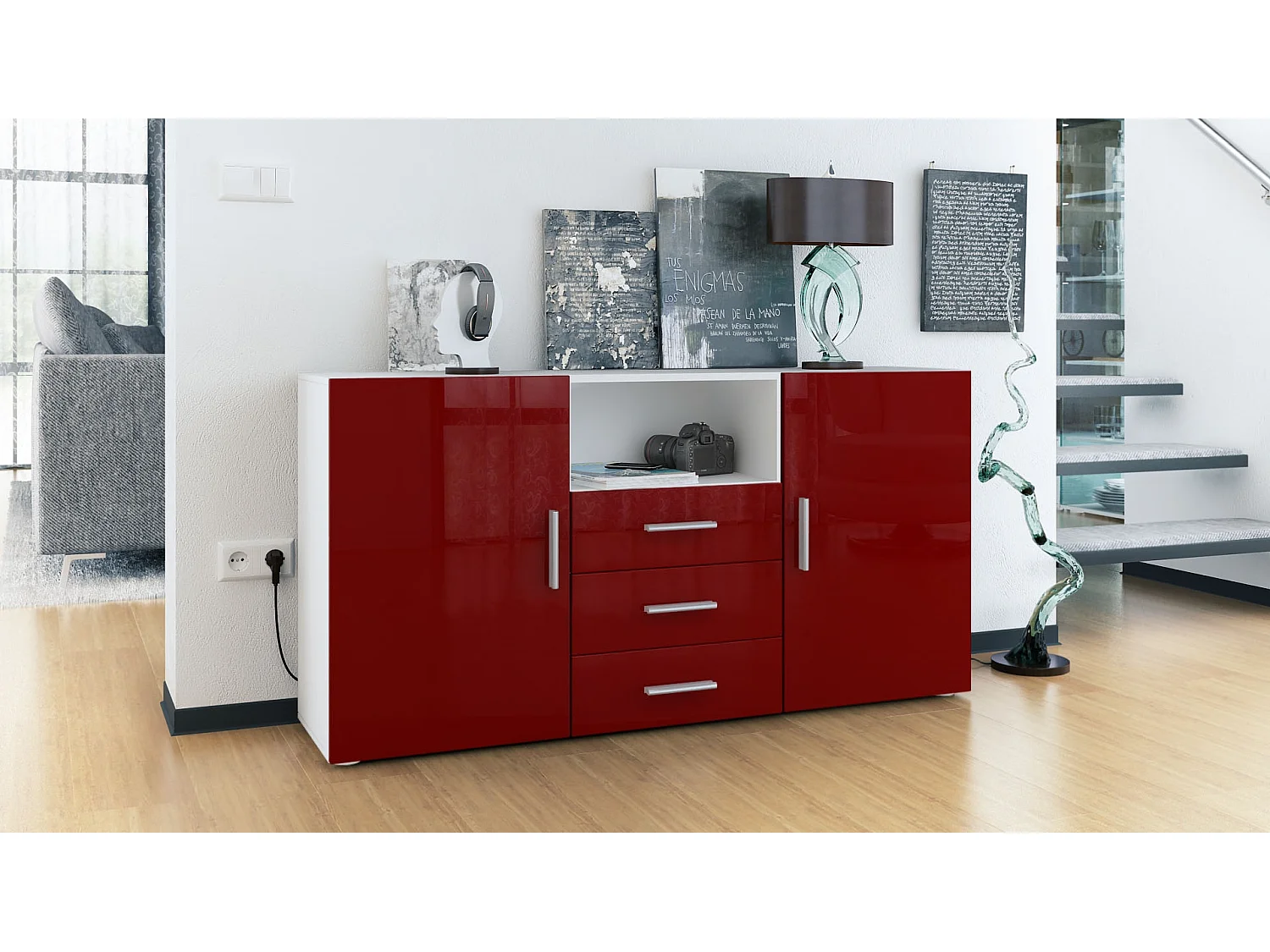 Credenza Skadu, mobile con 2 ante, 3 cassetti e 1 scomparto a giorno, bianco opaco/bordeaux lucido (138,5 x 71,5 x 35 cm)