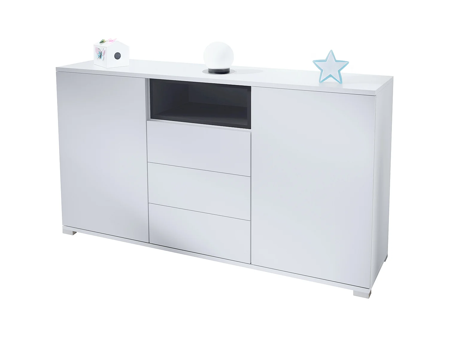 Skadu V2 Buffet, Commode avec 2 portes, 3 tiroirs et 1 compartiment ouvert, blanc mat/noir mat (138,5 x 75,5 x 35 cm)