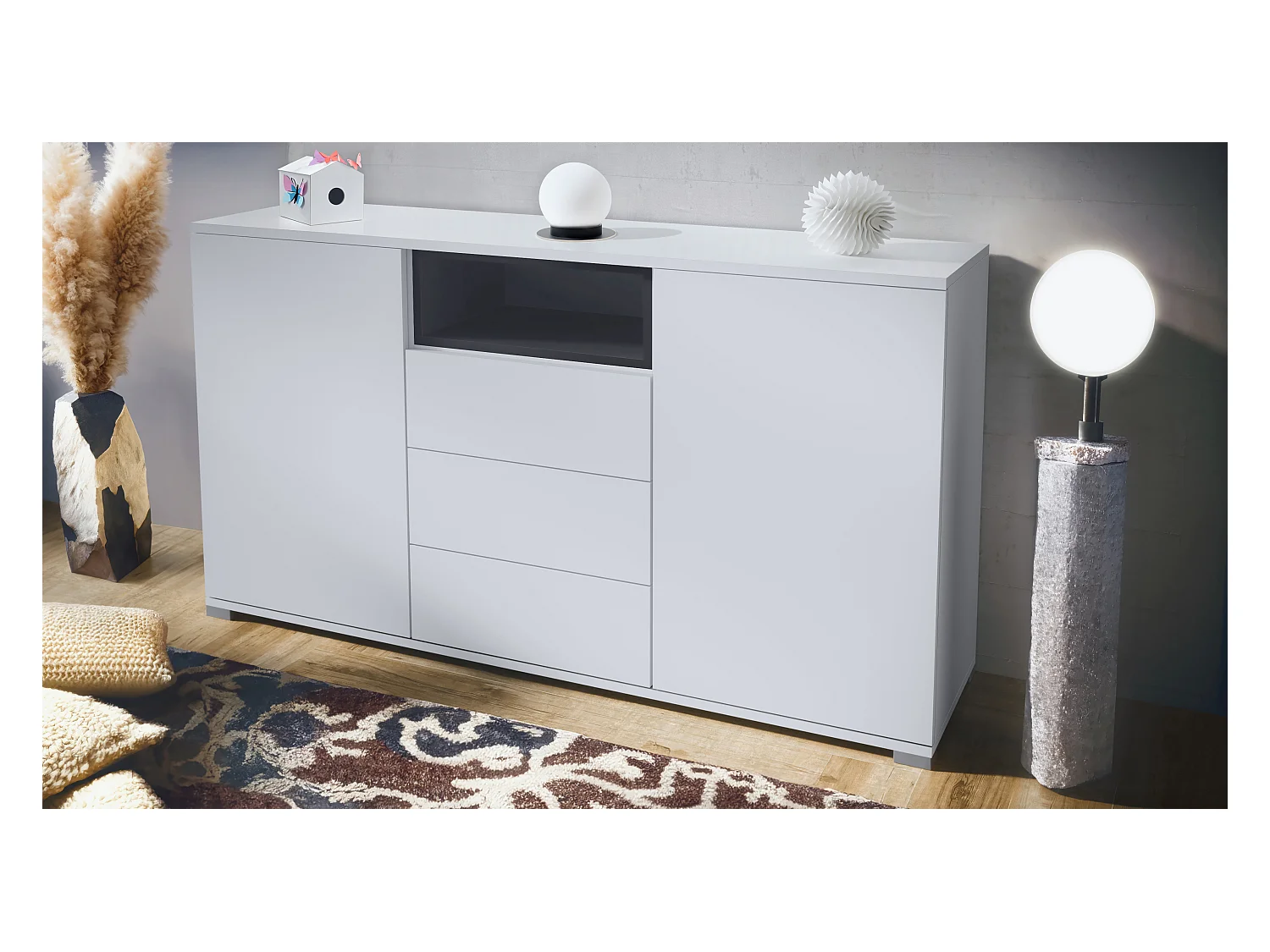 Skadu V2 Buffet, Commode avec 2 portes, 3 tiroirs et 1 compartiment ouvert, blanc mat/noir mat (138,5 x 75,5 x 35 cm)