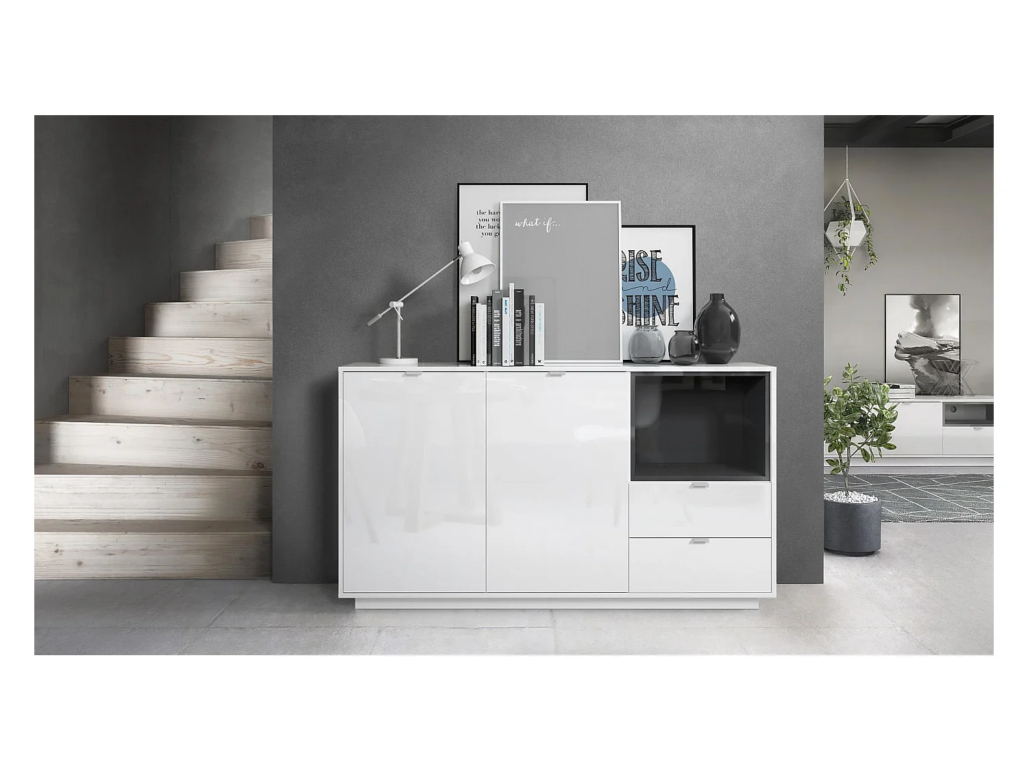 Buffet Armoire Metro, Corps en Blanc haute brillance / Façades en Blanc haute brillance avec une insertion en Noir haute brillance, incl. L'éclairage LED