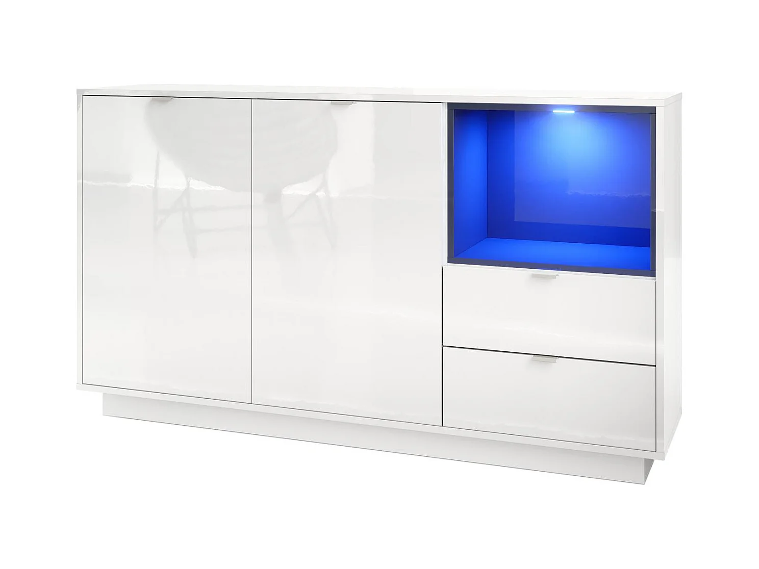 Buffet Armoire Metro, Corps en Blanc haute brillance / Façades en Blanc haute brillance avec une insertion en Noir haute brillance, incl. L'éclairage LED