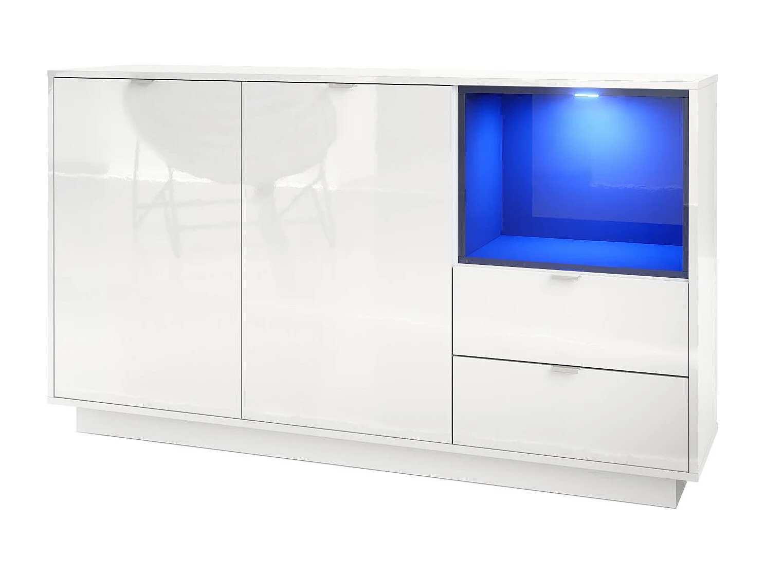 Credenza Metro, struttura in bianco lucido / frontale in bianco lucido con inserto in nero lucido, illuminazione a LED inclusa.