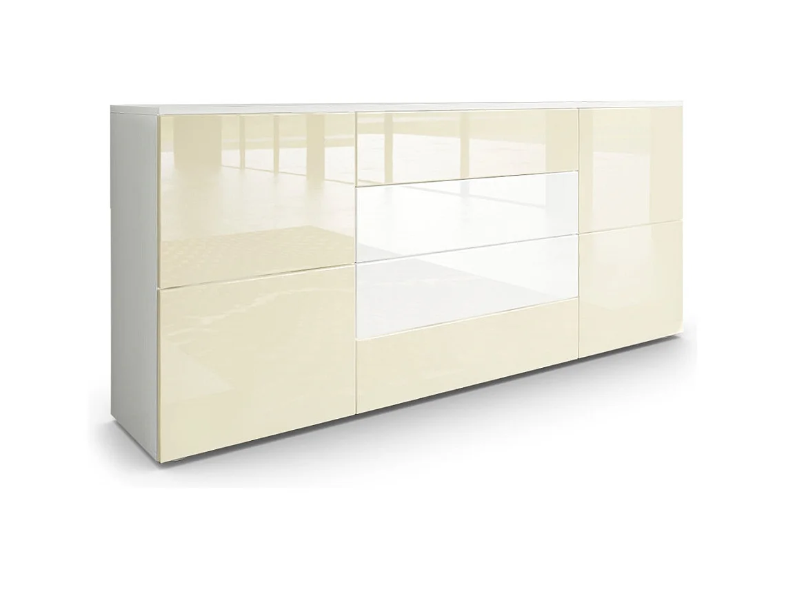 Buffet Rova, Commode avec 4 portes et 4 tiroirs, Blanc mat/Crème haute brillance (166 x 72 x 35 cm)