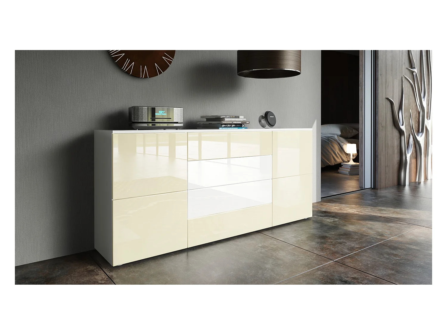 Buffet Rova, Commode avec 4 portes et 4 tiroirs, Blanc mat/Crème haute brillance (166 x 72 x 35 cm)