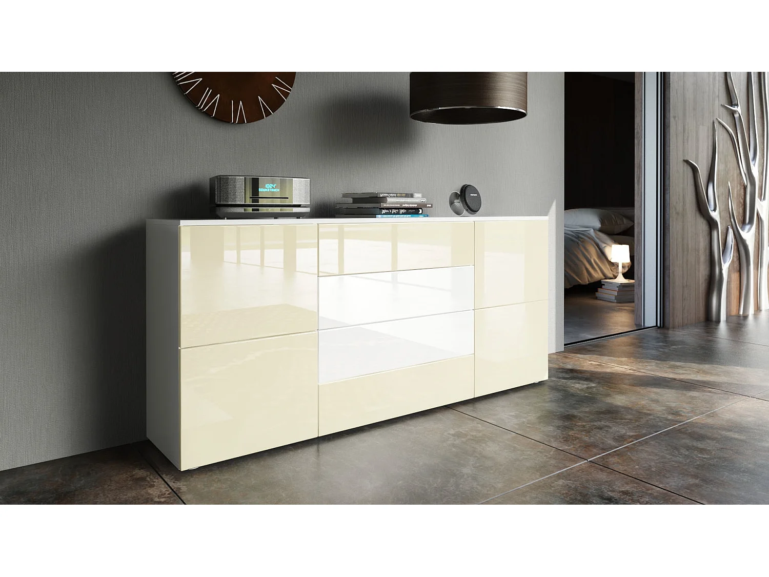 Madia  Rova, mobile con 4 ante e 4 cassetti, bianco opaco/bianco lucido/bianco lucido (166 x 72 x 35 cm)