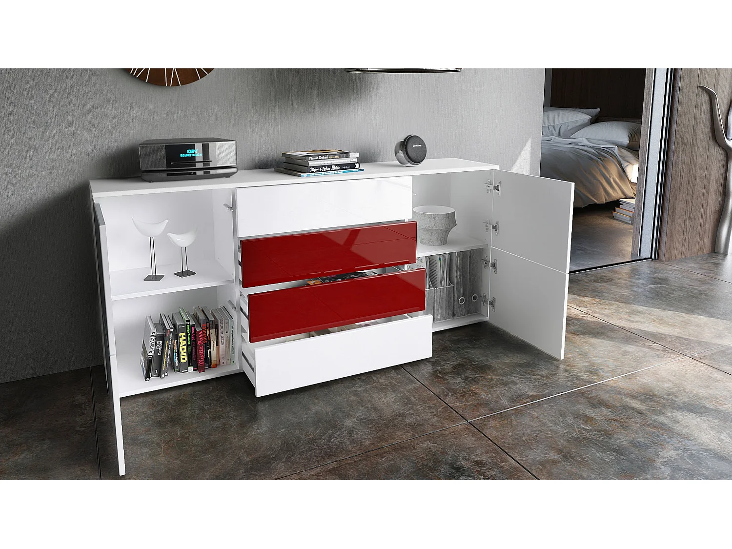 Madia  Rova, mobile con 4 ante e 4 cassetti, bianco opaco/bianco lucido/bianco lucido (166 x 72 x 35 cm)