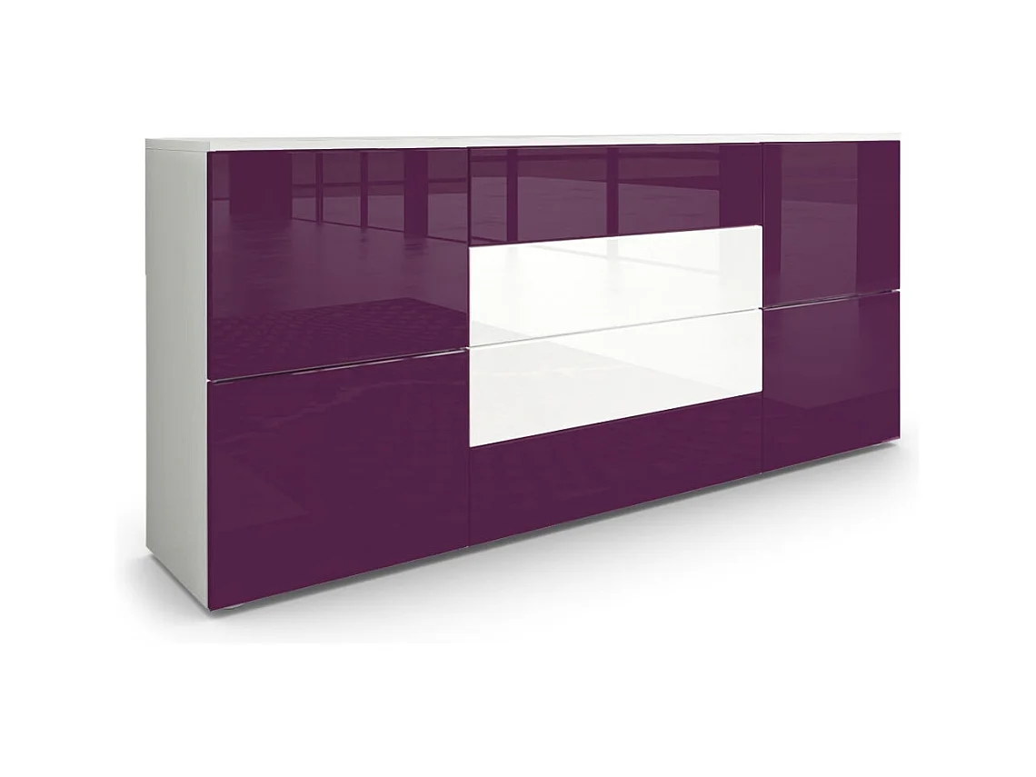 Buffet Rova, Commode avec 4 portes et 4 tiroirs, Blanc mat/Mûre haute brillance (166 x 72 x 35 cm)