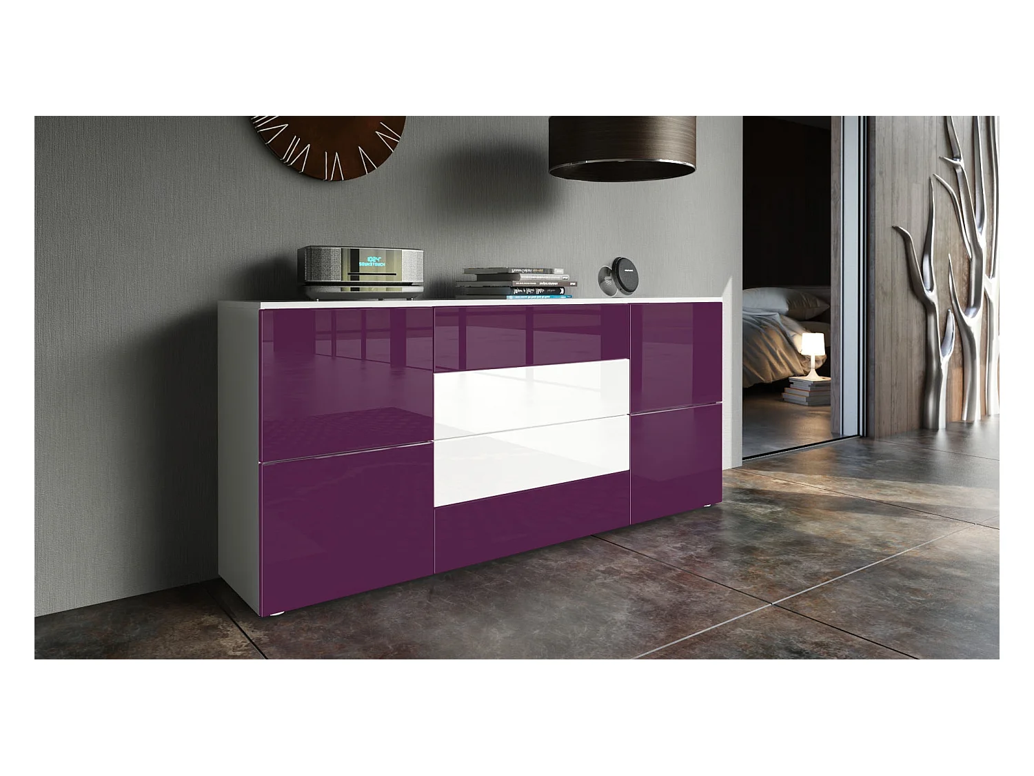 Buffet Rova, Commode avec 4 portes et 4 tiroirs, Blanc mat/Mûre haute brillance (166 x 72 x 35 cm)