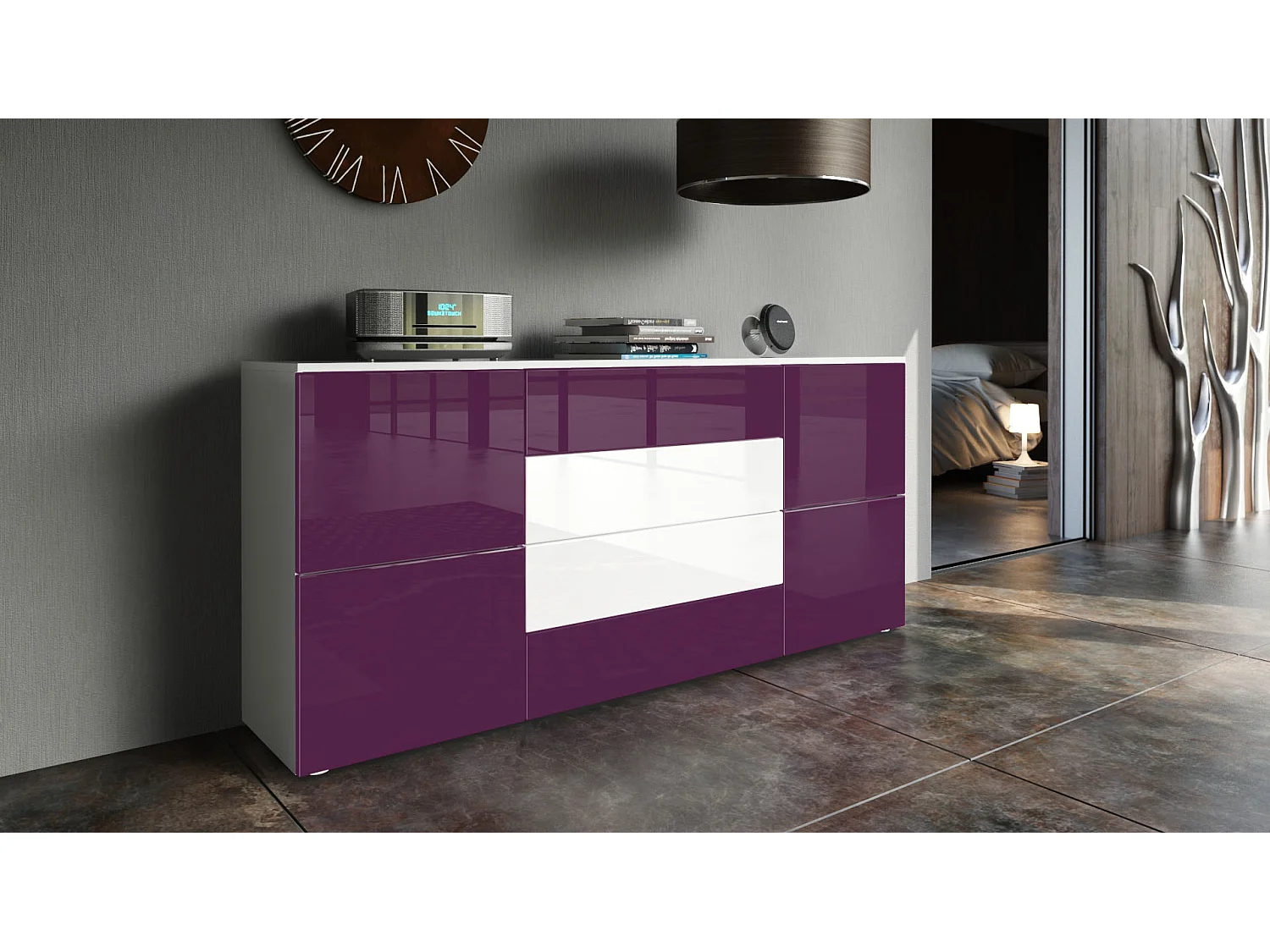 Madia  Rova, mobile con 4 ante e 4 cassetti, bianco opaco/violetto-porpora/bianco lucido (166 x 72 x 35 cm)