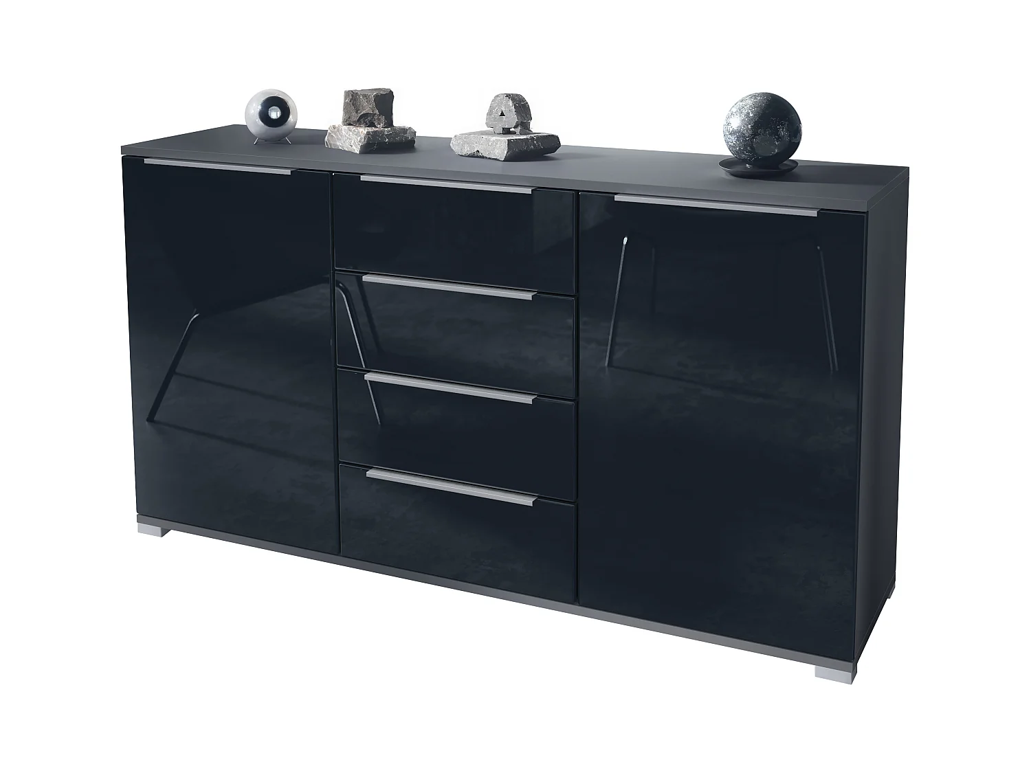 Buffet Linio V1, Enfilade avec 2 portes et 4 tiroirs, anthracite mat / noir haute brillance (138,5 x 75,5 x 35 cm)