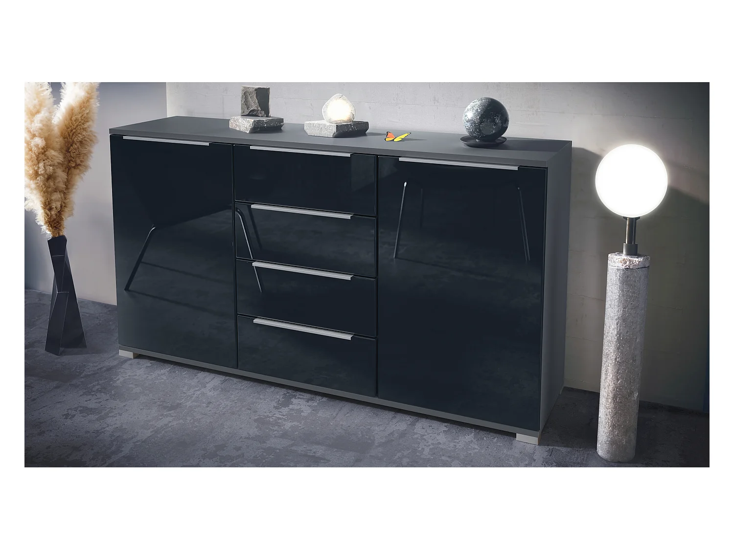 Buffet Linio V1, Enfilade avec 2 portes et 4 tiroirs, anthracite mat / noir haute brillance (138,5 x 75,5 x 35 cm)