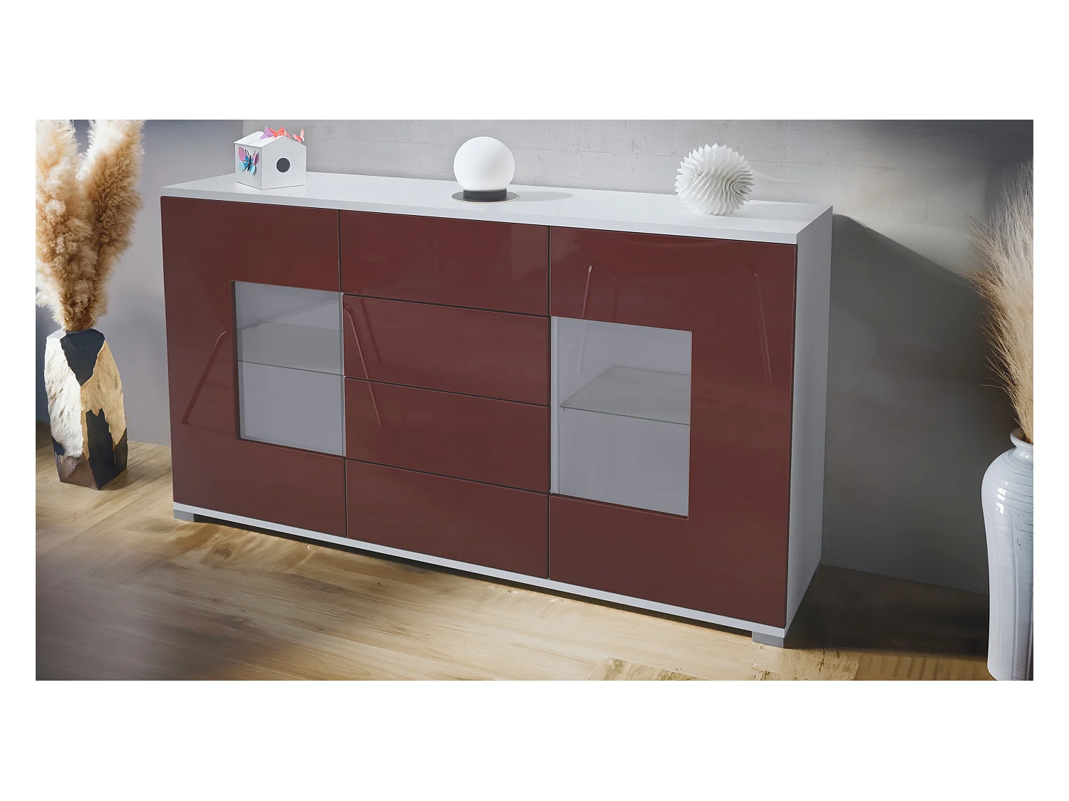 Buffet Grömitz V1 – Meuble avec 2 Grandes Portes et 4 Tiroirs, blanc mat/bordeaux haute brillance (138,5 x 75,5 x 35)