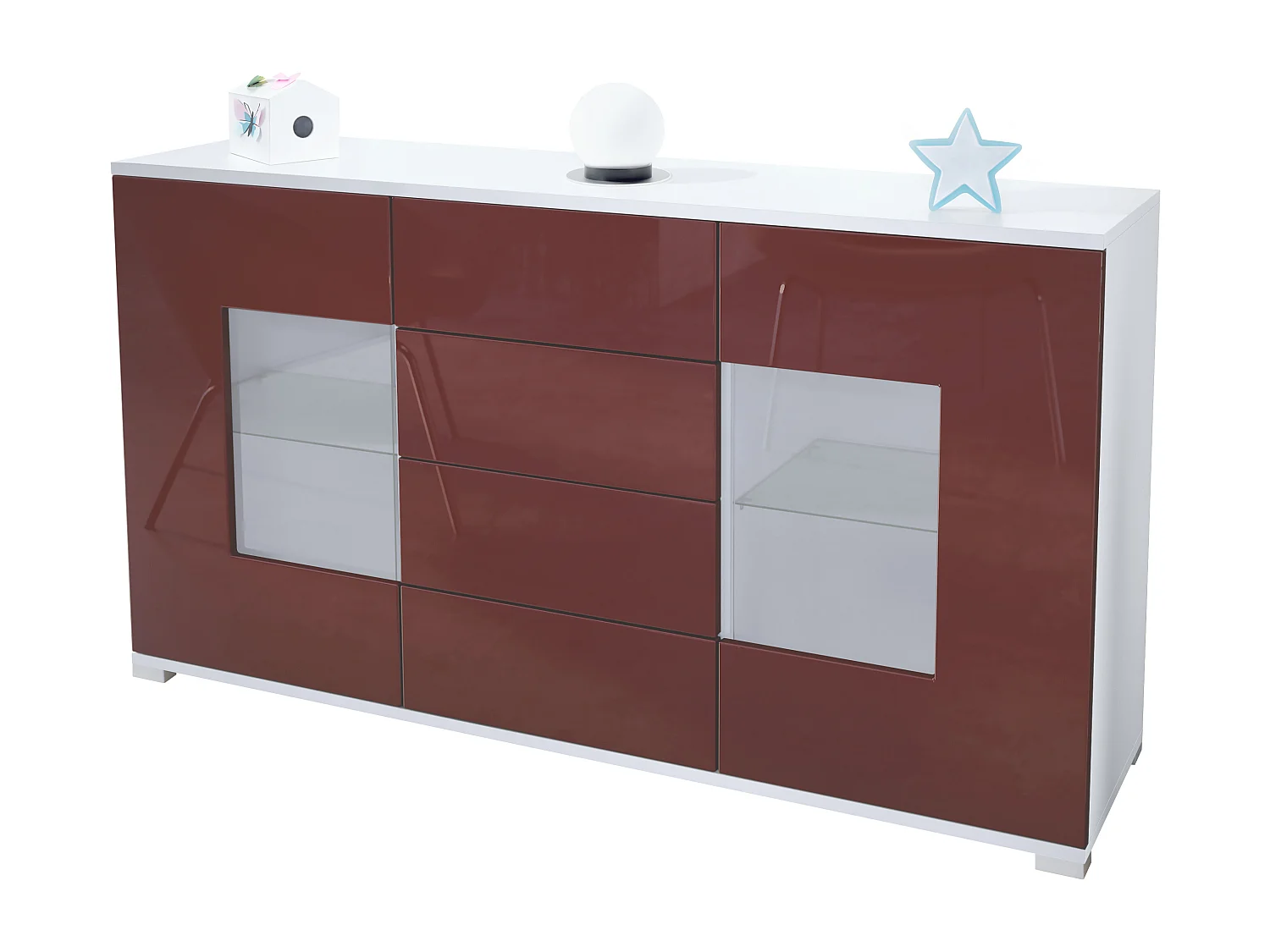 Buffet Grömitz V1 – Meuble avec 2 Grandes Portes et 4 Tiroirs, blanc mat/bordeaux haute brillance (138,5 x 75,5 x 35)