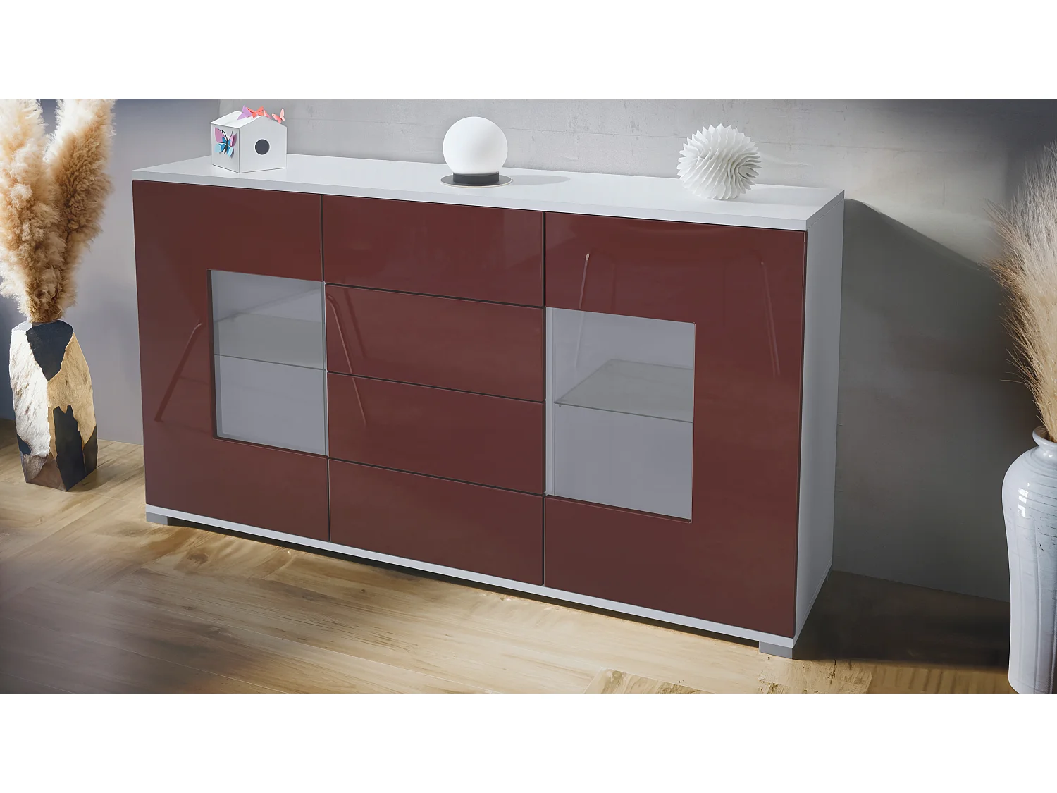 Buffet Grömitz V1 – Meuble avec 2 Grandes Portes et 4 Tiroirs, blanc mat/bordeaux haute brillance (138,5 x 75,5 x 35)