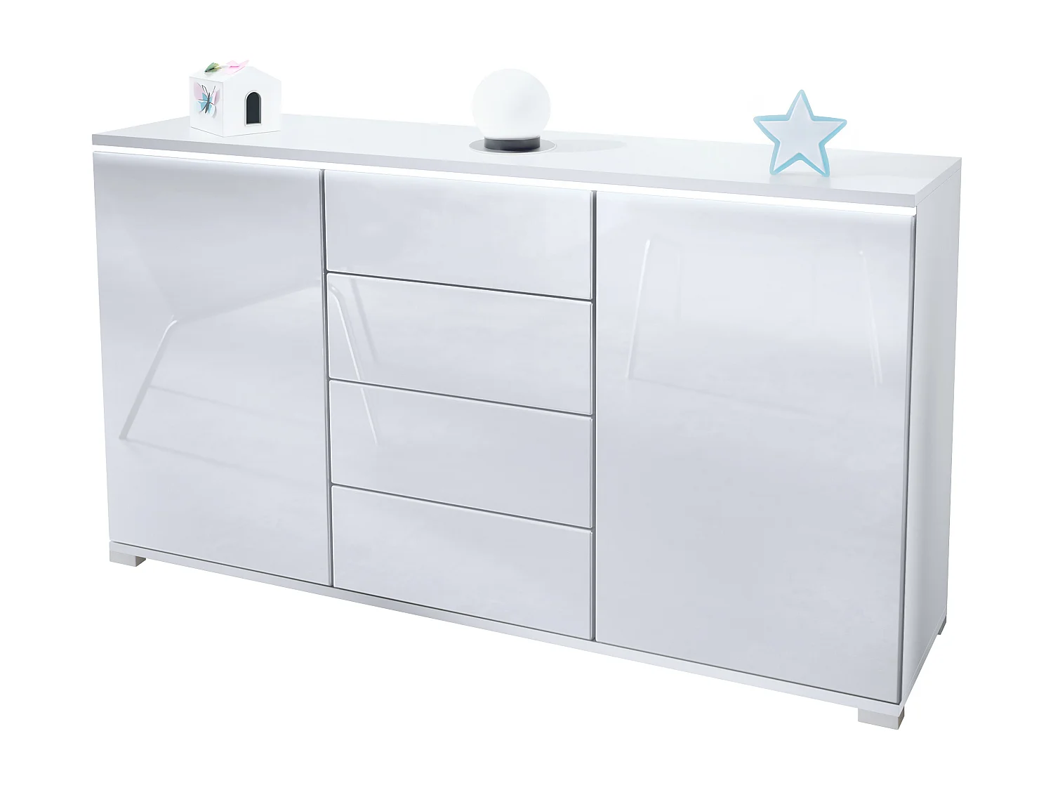 Buffet Faro V1 – Meuble avec 2 Portes & 4 Tiroirs, Armoire avec Bande LED Lumineuse, blanc mat / blanc haute brillance (138,5 x 75,5 x 35)