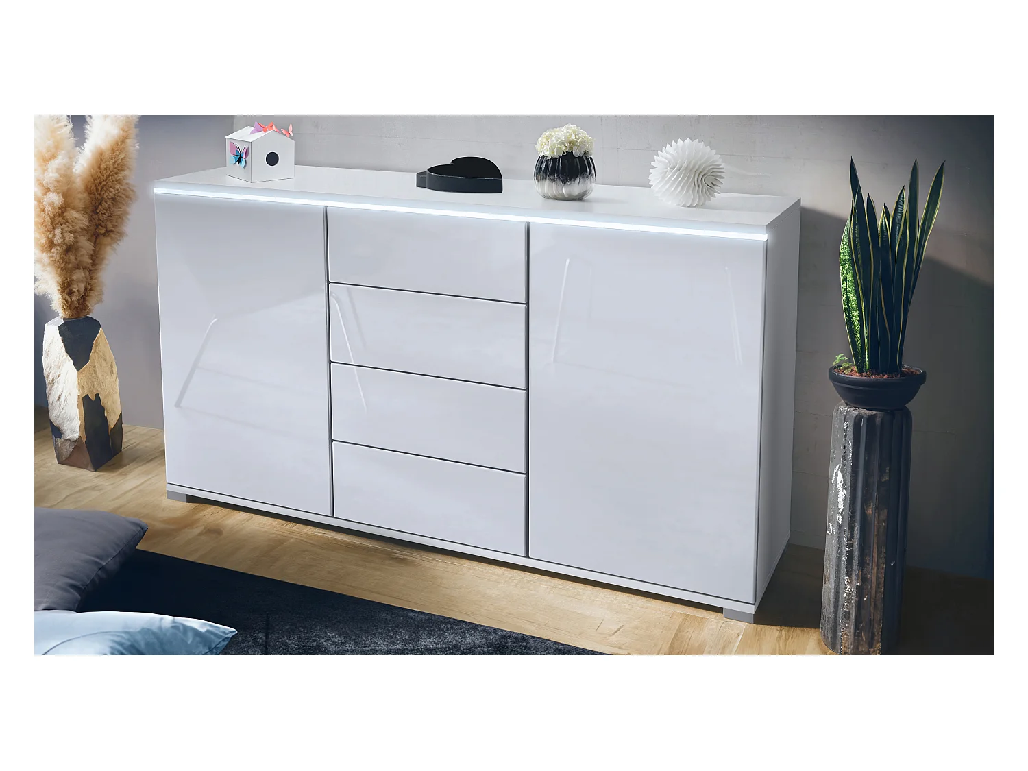 Buffet Faro V1 – Meuble avec 2 Portes & 4 Tiroirs, Armoire avec Bande LED Lumineuse, blanc mat / blanc haute brillance (138,5 x 75,5 x 35)