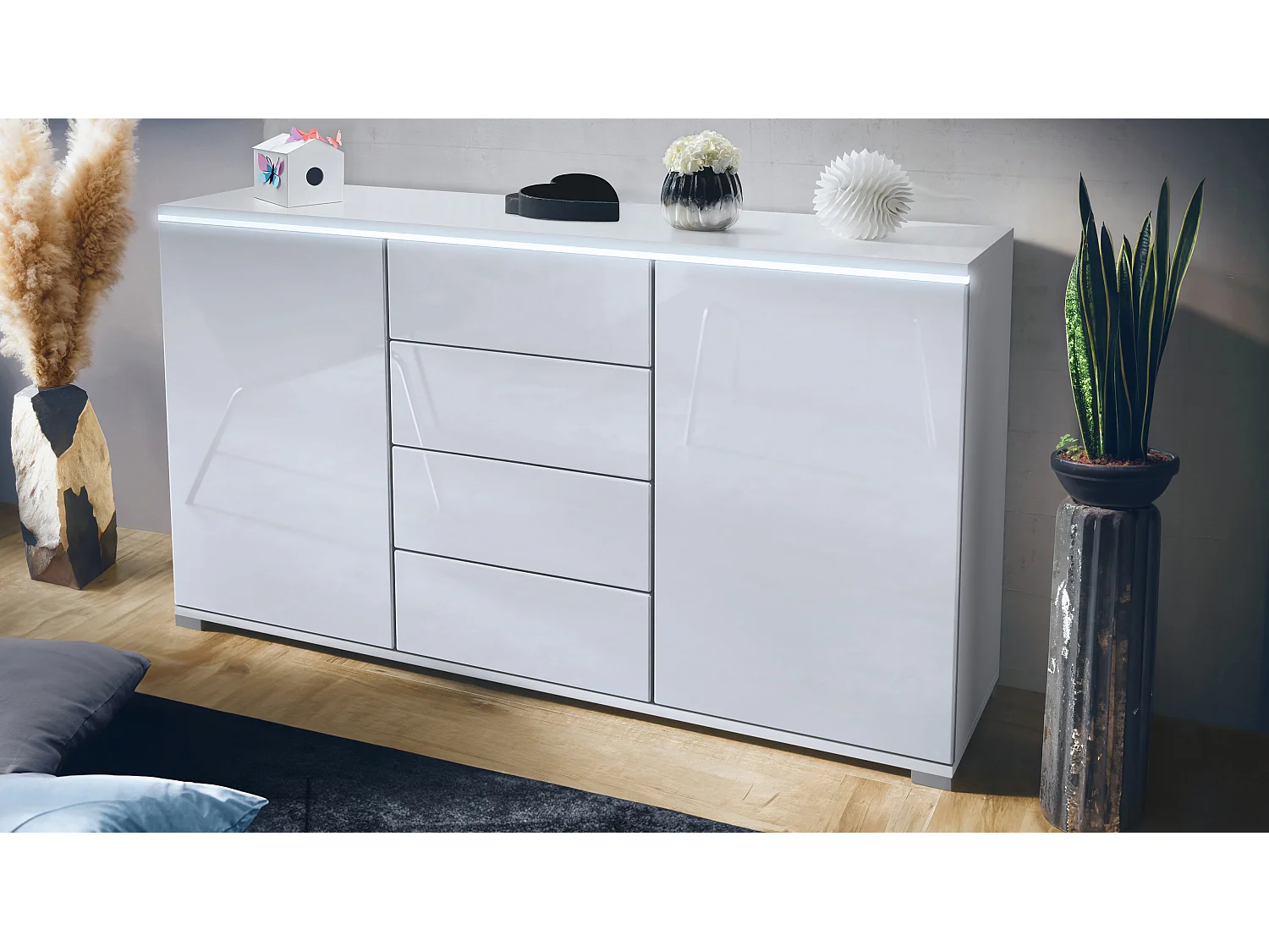 Buffet Faro V1 – Meuble avec 2 Portes & 4 Tiroirs, Armoire avec Bande LED Lumineuse, blanc mat / blanc haute brillance (138,5 x 75,5 x 35)