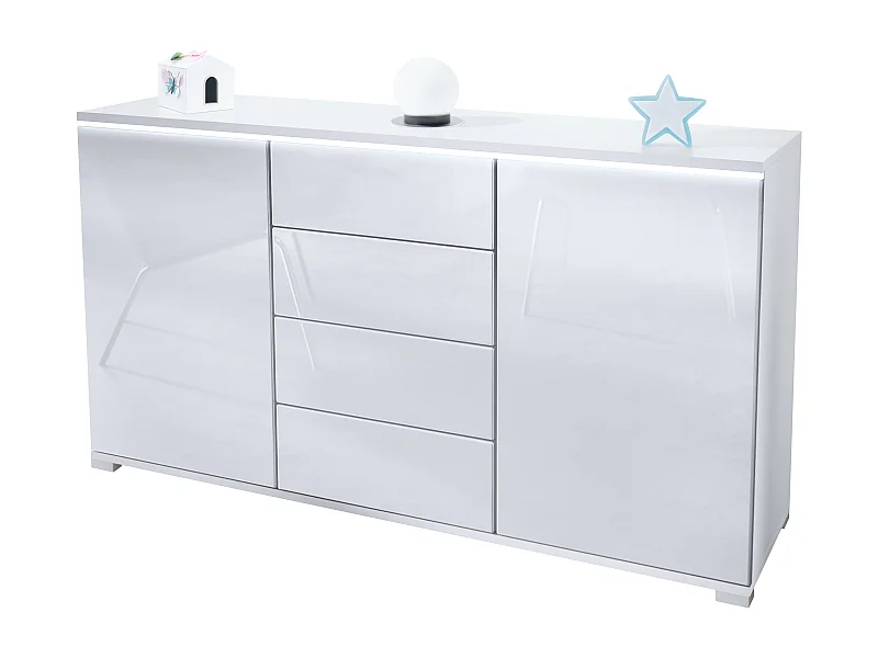 Buffet Faro V1 – Meuble avec 2 Portes & 4 Tiroirs, Armoire avec Bande LED Lumineuse, blanc mat / blanc haute brillance (138,5 x 75,5 x 35)