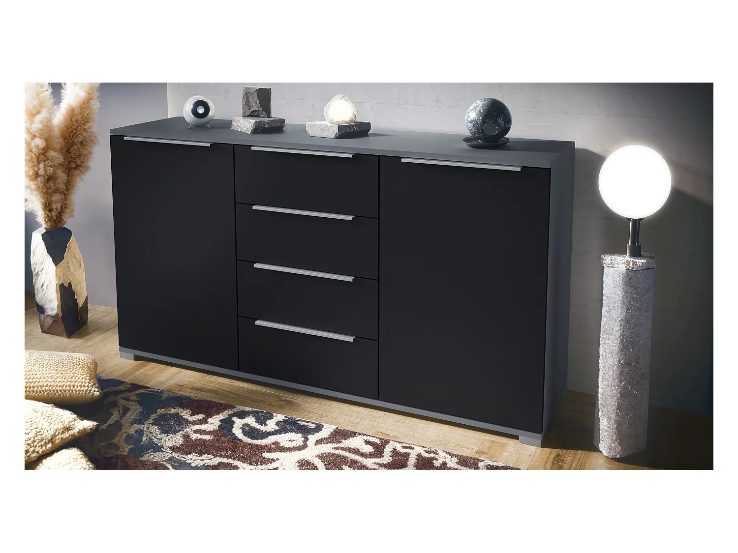 Buffet Linio V1, Enfilade avec 2 portes et 4 tiroirs, anthracite mat / noir mat (138,5 x 75,5 x 35 cm)
