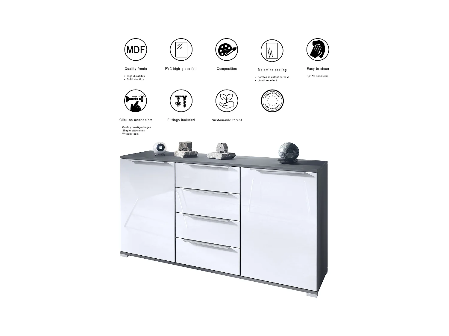 Buffet Linio V1, Enfilade avec 2 portes et 4 tiroirs, anthracite mat / noir mat (138,5 x 75,5 x 35 cm)