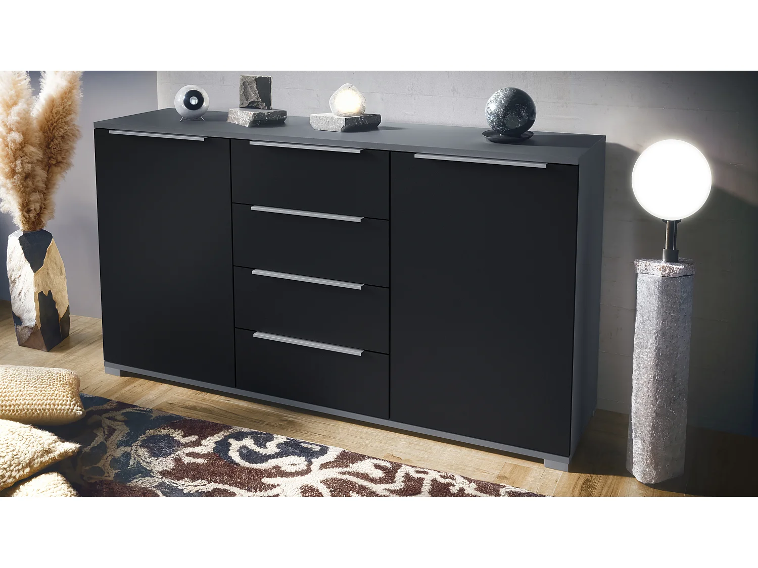 Buffet Linio V1, Enfilade avec 2 portes et 4 tiroirs, anthracite mat / noir mat (138,5 x 75,5 x 35 cm)
