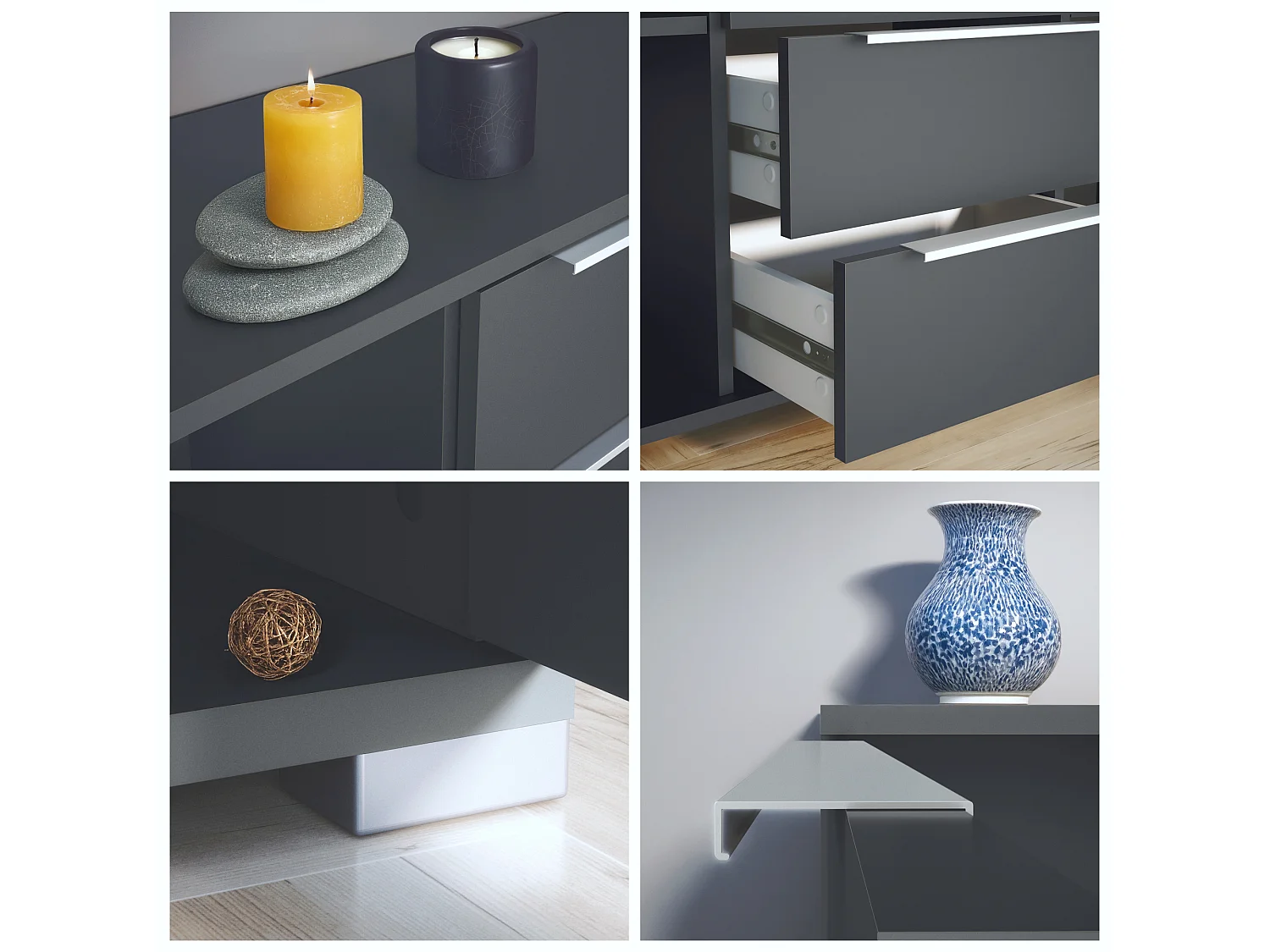 Buffet Linio V1, Enfilade avec 2 portes et 4 tiroirs, anthracite mat / noir mat (138,5 x 75,5 x 35 cm)