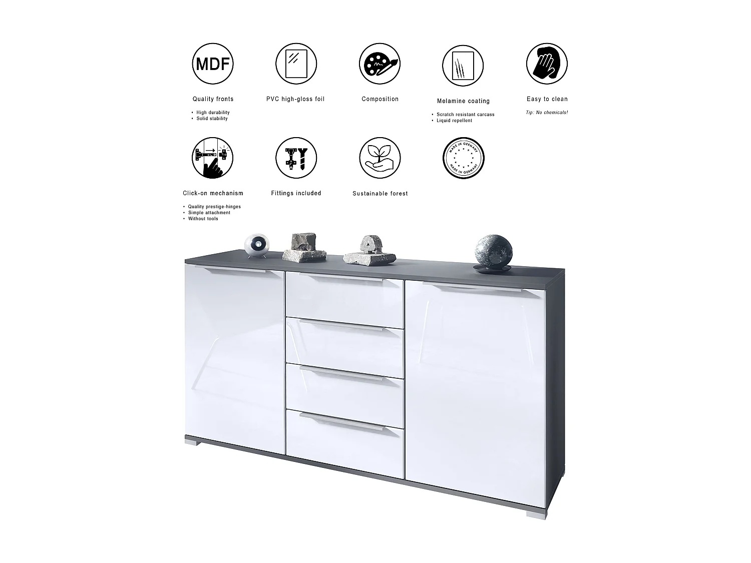 Buffet Linio V1, Enfilade avec 2 portes et 4 tiroirs, anthracite mat / noir mat (138,5 x 75,5 x 35 cm)